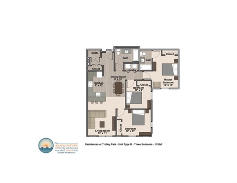 Floor plan for 3 beds, 2 baths, 1128 sqft